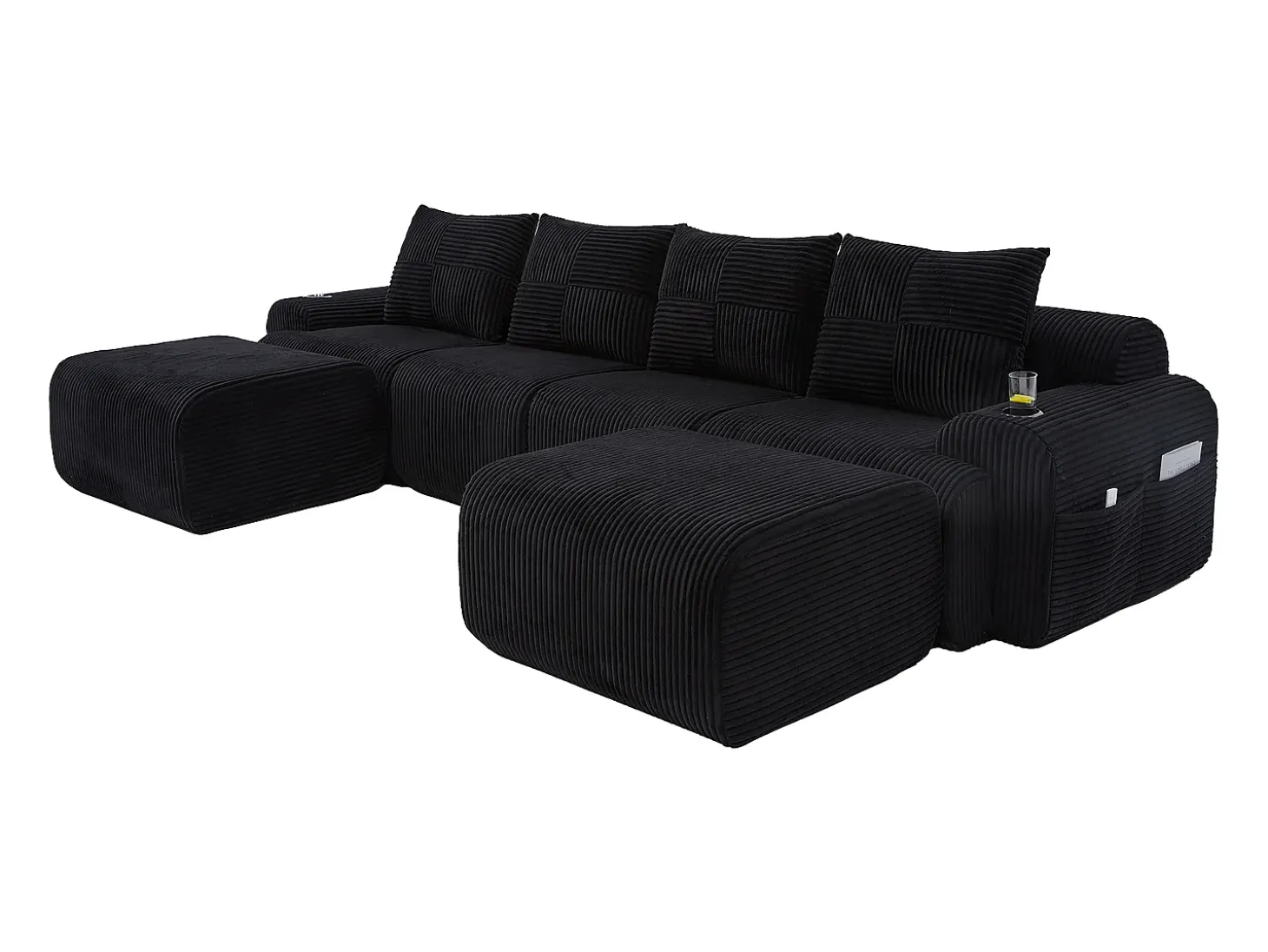 Sofá 4 lugares canto modular veludo canelado, 2 pufes e 4 almofadas, 333x174x80cm, Preto