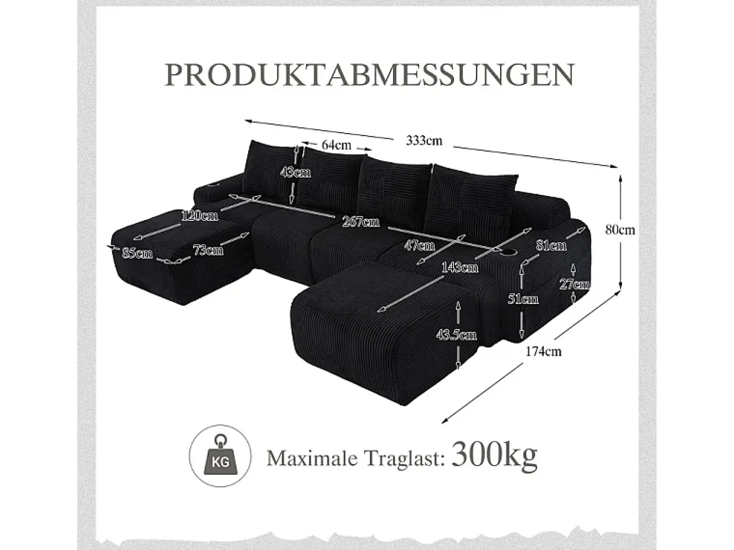 Sofá 4 lugares canto modular veludo canelado, 2 pufes e 4 almofadas, 333x174x80cm, Preto