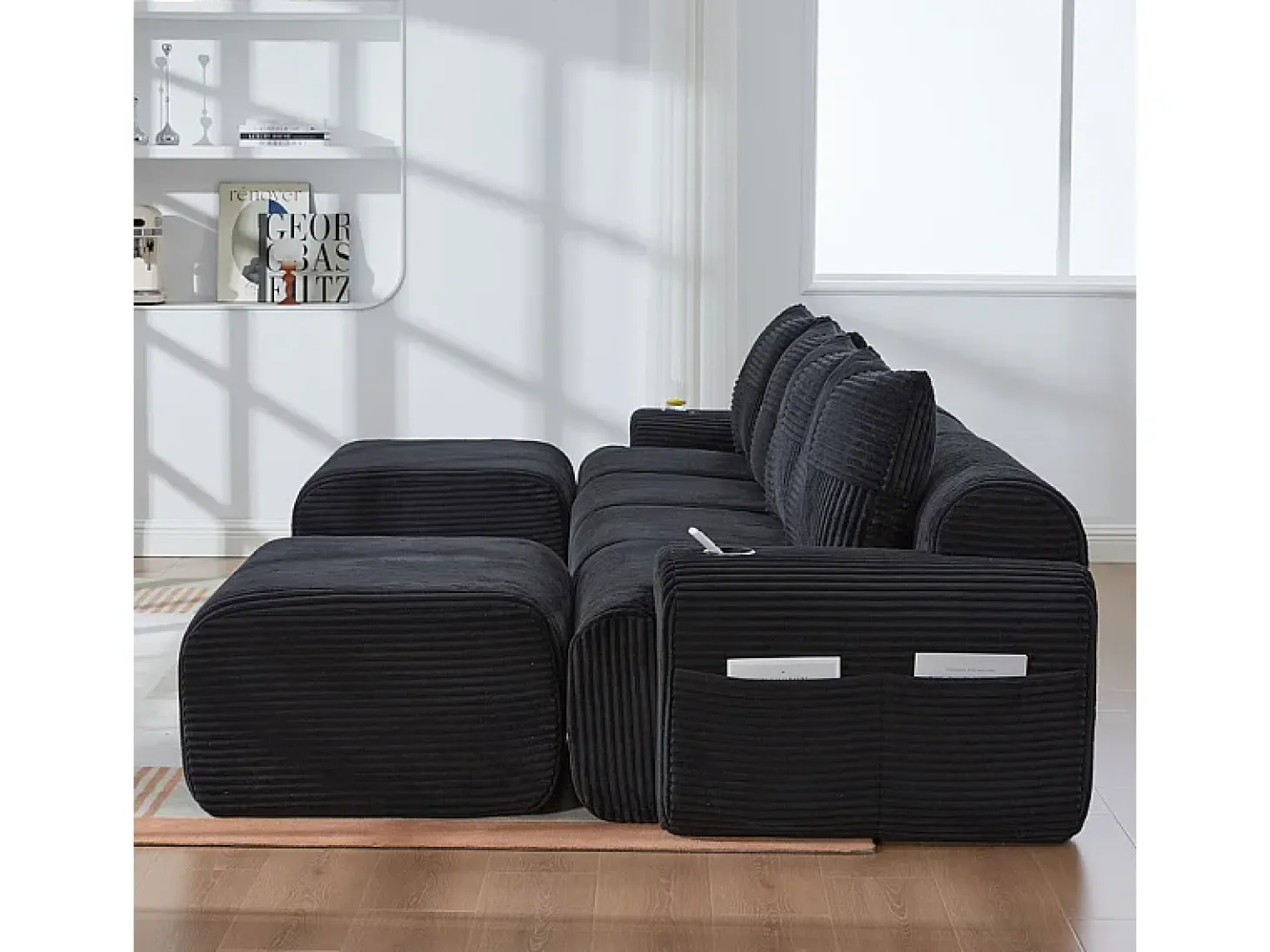 Sofá 4 lugares canto modular veludo canelado, 2 pufes e 4 almofadas, 333x174x80cm, Preto