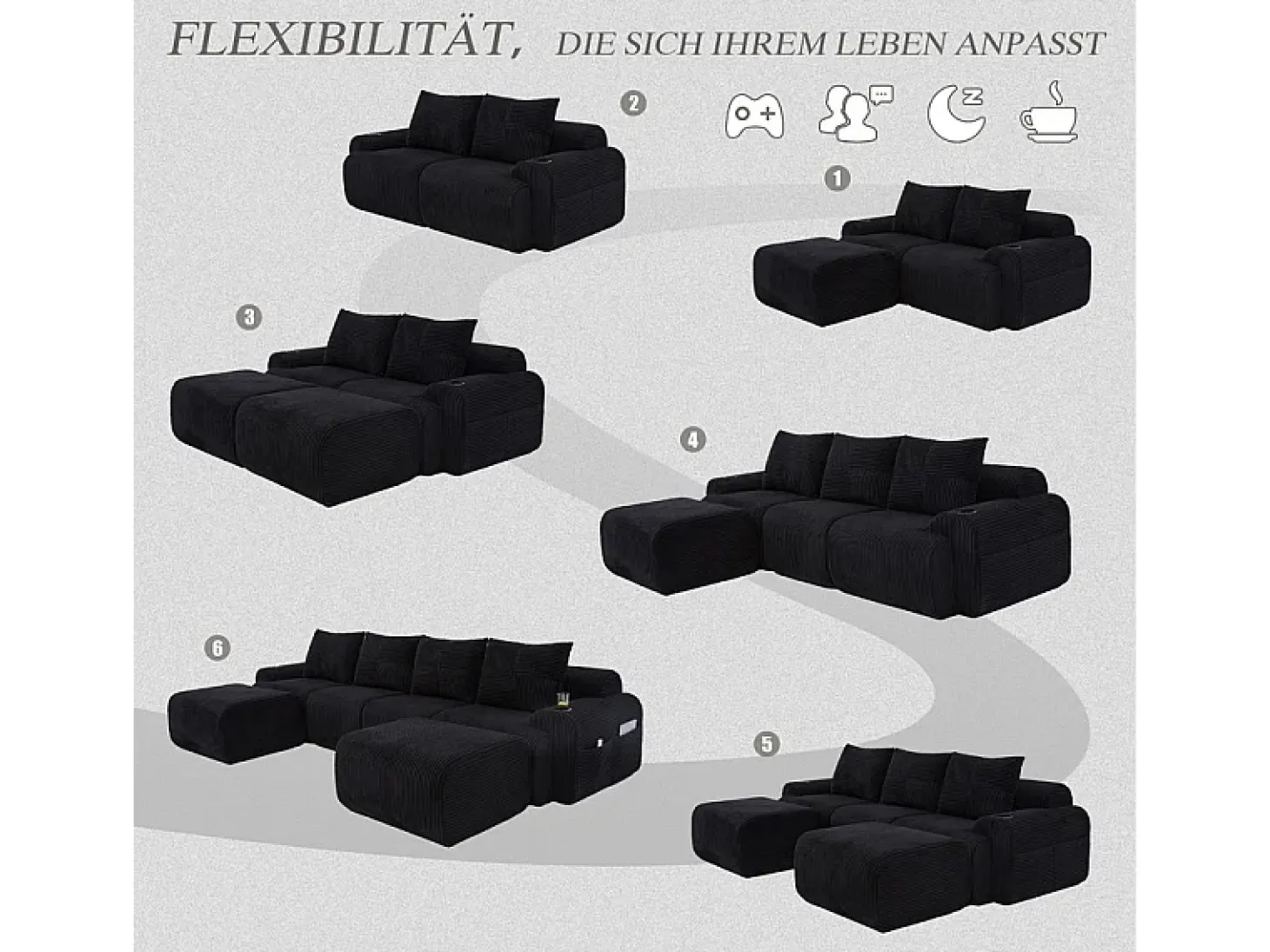 Sofá 4 lugares canto modular veludo canelado, 2 pufes e 4 almofadas, 333x174x80cm, Preto