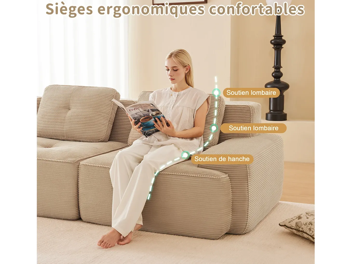 Sofá 4 lugares Canto Modular em Veludo cotelê, com 2 puffs e 4 almofadas, 382x177x69cm, Bege