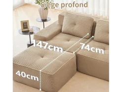 Sofá 4 lugares Canto Modular em Veludo cotelê, com 2 puffs e 4 almofadas, 382x177x69cm, Bege