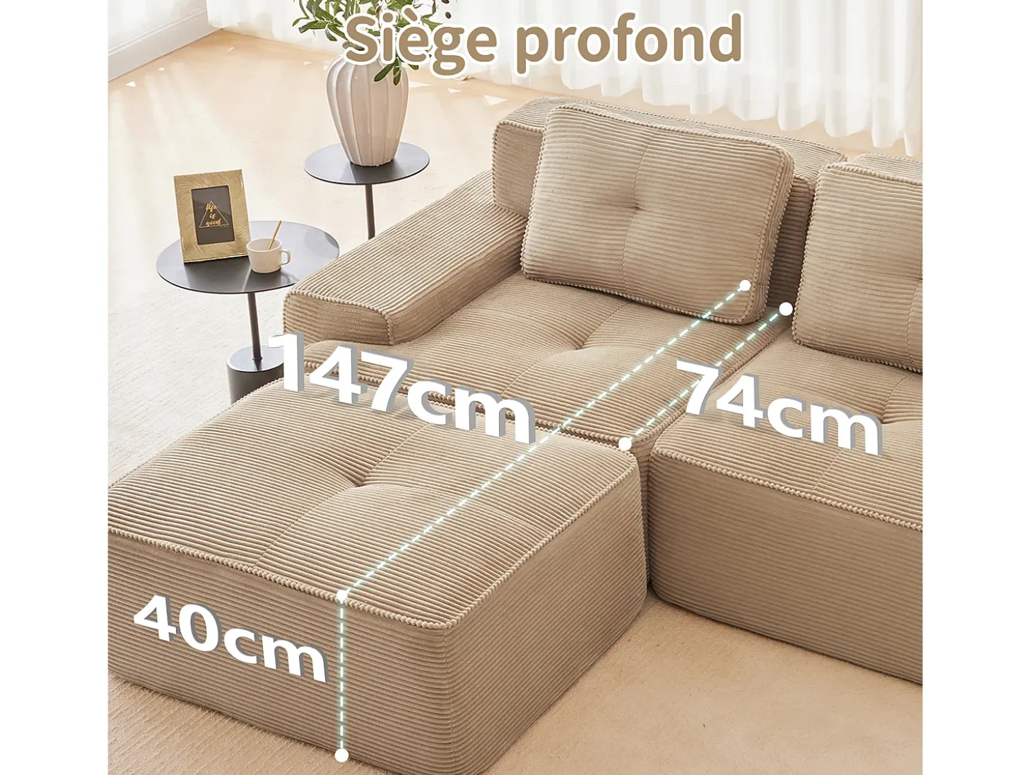 Sofá 4 lugares Canto Modular em Veludo cotelê, com 2 puffs e 4 almofadas, 382x177x69cm, Bege