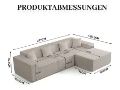 Sofá 3 lugares canto modular - Veludo canelado bege - pufe e 4 travesseiros - 277x165.5x65.5cm