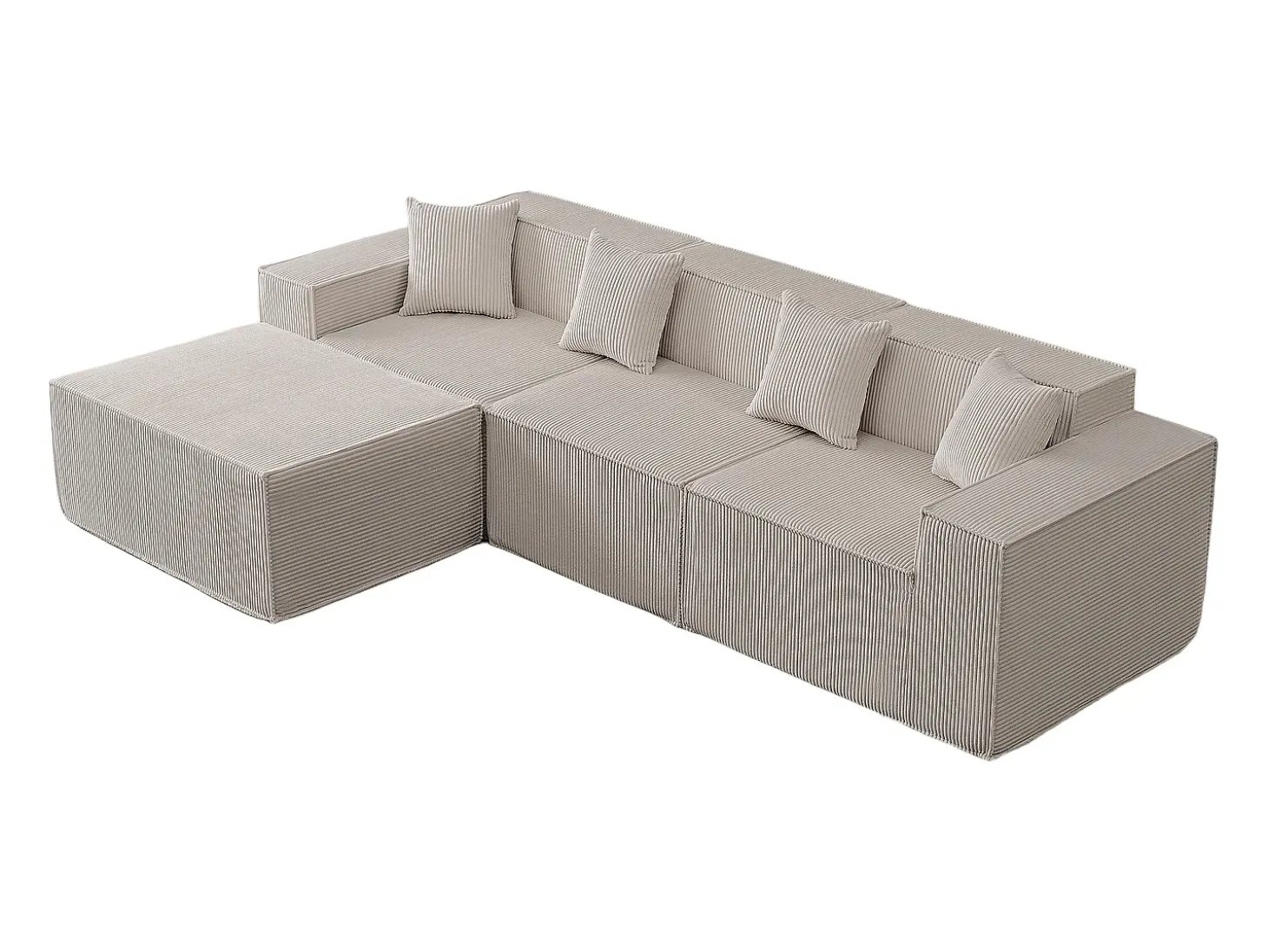 Sofá 3 lugares canto modular - Veludo canelado bege - pufe e 4 travesseiros - 277x165.5x65.5cm