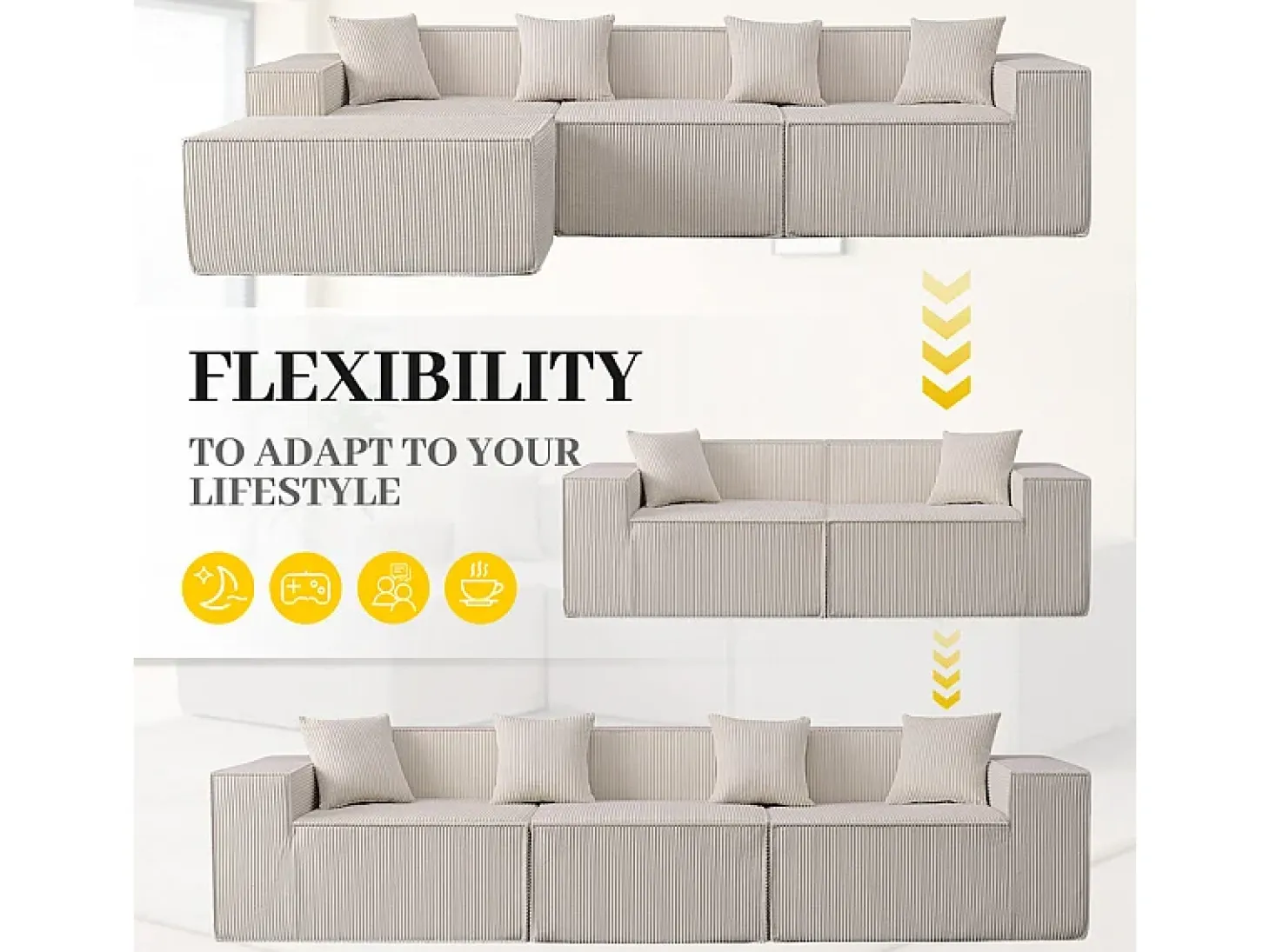 Sofá 3 lugares canto modular - Veludo canelado bege - pufe e 4 travesseiros - 277x165.5x65.5cm