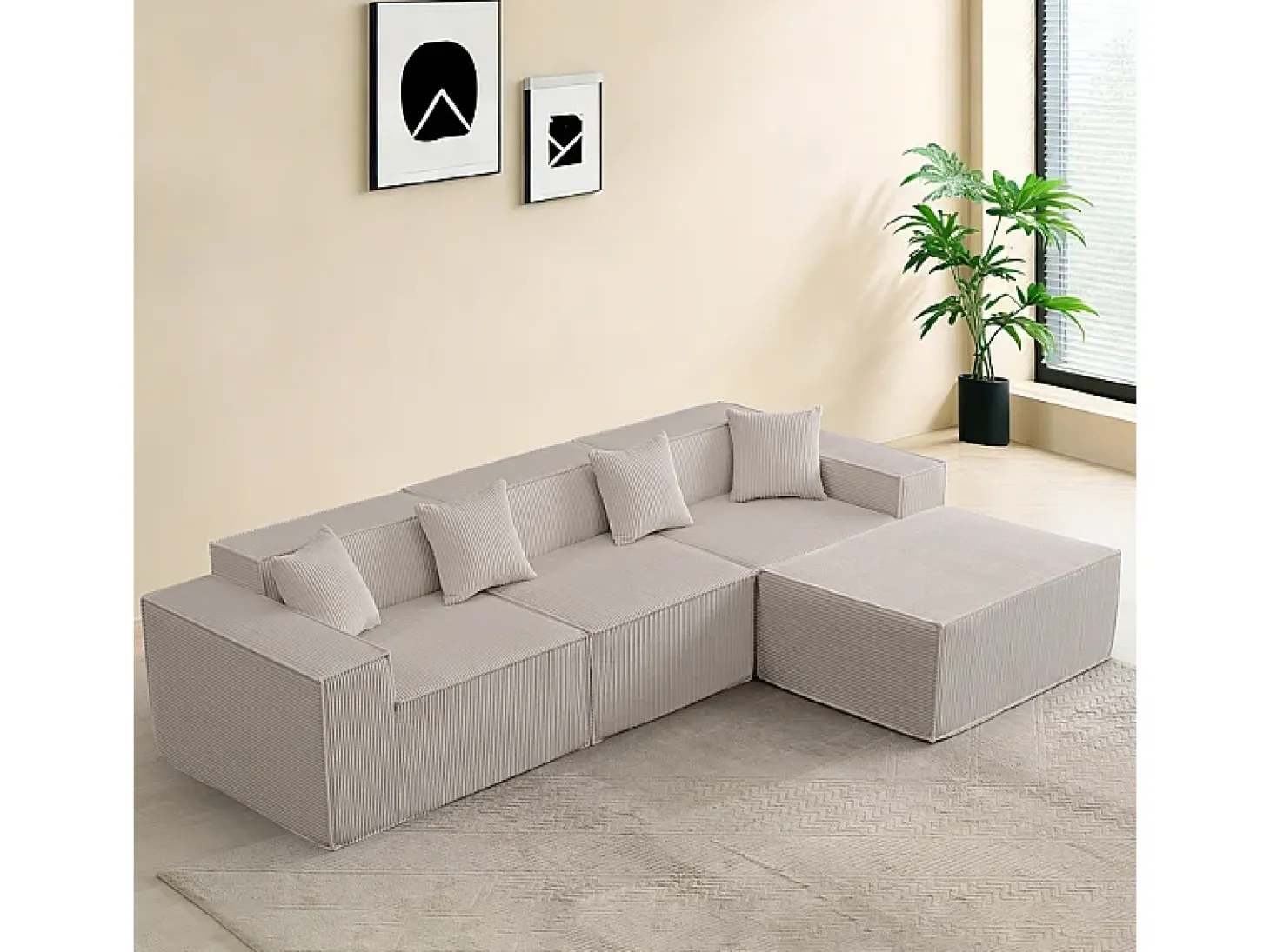 Sofá 3 lugares canto modular - Veludo canelado bege - pufe e 4 travesseiros - 277x165.5x65.5cm