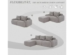 Sofá 3 lugares canto modular veludo canelado, pufe, porta-copos e bolso, 268x174x80cm, Cinzento claro