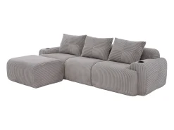 Sofá 3 lugares canto modular veludo canelado, pufe, porta-copos e bolso, 268x174x80cm, Cinzento claro