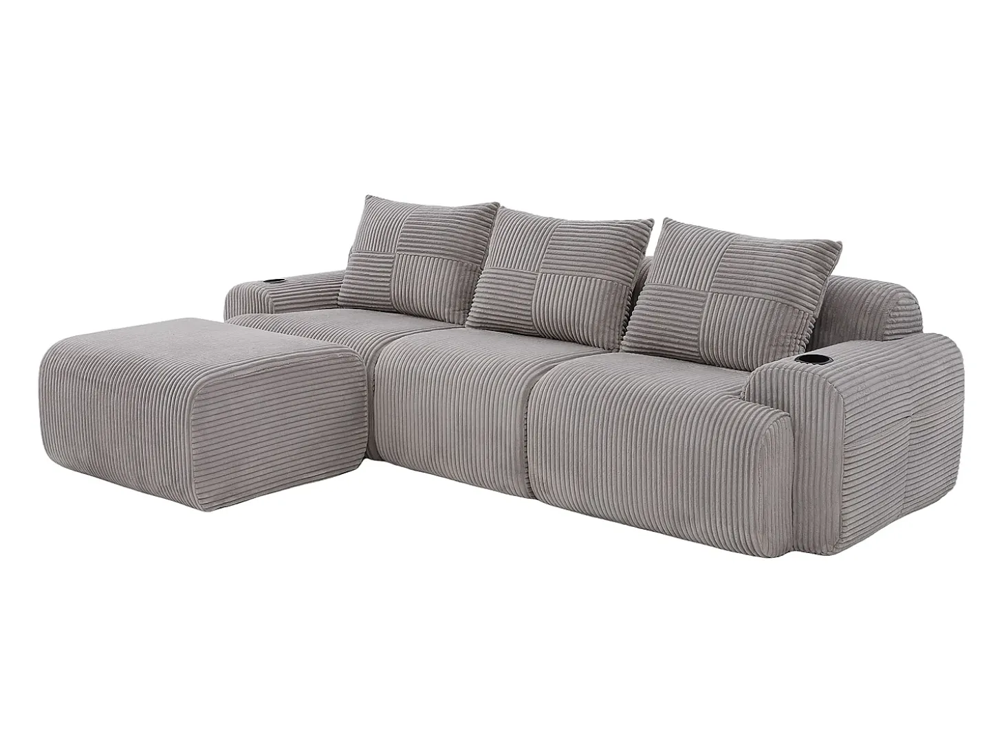 Sofá 3 lugares canto modular veludo canelado, pufe, porta-copos e bolso, 268x174x80cm, Cinzento claro