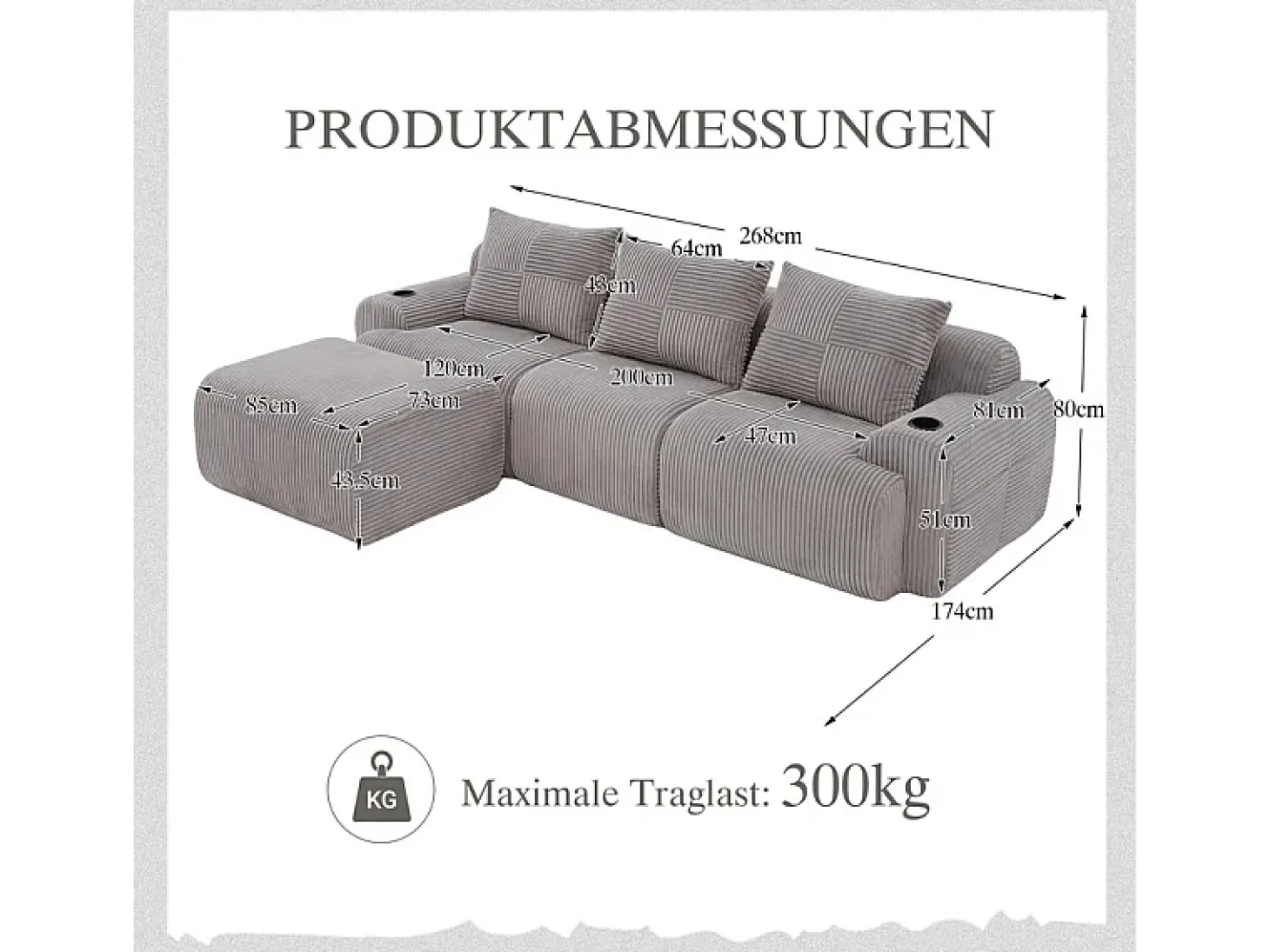 Sofá 3 lugares canto modular veludo canelado, pufe, porta-copos e bolso, 268x174x80cm, Cinzento claro