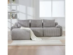 Sofá 3 lugares canto modular veludo canelado, pufe, porta-copos e bolso, 268x174x80cm, Cinzento claro