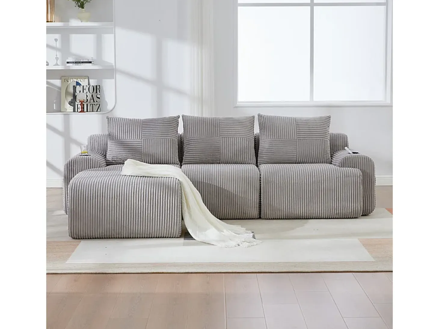 Sofá 3 lugares canto modular veludo canelado, pufe, porta-copos e bolso, 268x174x80cm, Cinzento claro
