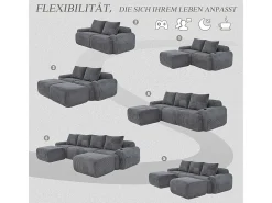 Sofá 4 lugares canto modular veludo canelado, 2 pufes e 4 almofadas, 333x174x80cm, Cinzento antracite