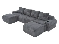 Sofá 4 lugares canto modular veludo canelado, 2 pufes e 4 almofadas, 333x174x80cm, Cinzento antracite