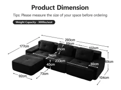 Sofá 3 lugares Canto Modular em Veludo cotelê, com puff e 3 almofadas, 293x177x69cm, Preto