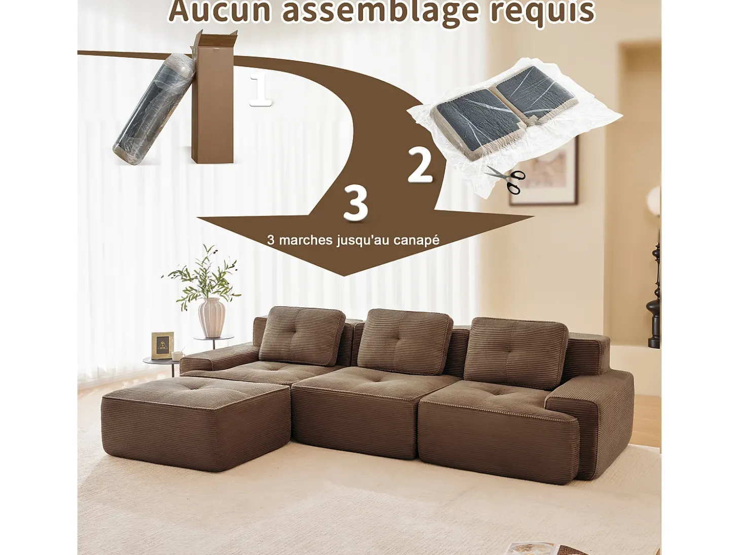 Sofá 3 lugares Canto Modular em Veludo cotelê, com puff e 3 almofadas, 293x177x69cm, Marrom