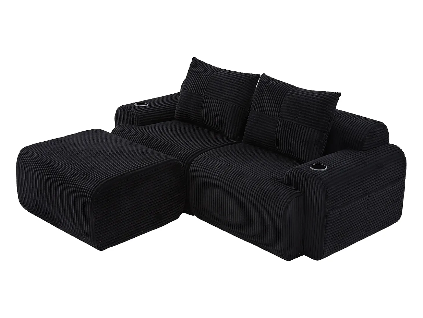 Sofá 2 lugares canto modular veludo canelado, pufe, porta-copos e bolso, 200x174x80cm, Preto