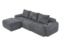 Sofá 3 lugares canto modular veludo canelado, pufe, porta-copos e bolso, 268x174x80cm, Cinzento antracite