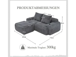 Sofá 2 lugares canto modular veludo canelado, pufe, porta-copos e bolso, 200x174x80cm, Cinzento antracite