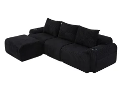Sofá 3 lugares canto modular veludo canelado, pufe, porta-copos e bolso, 268x174x80cm, Preto