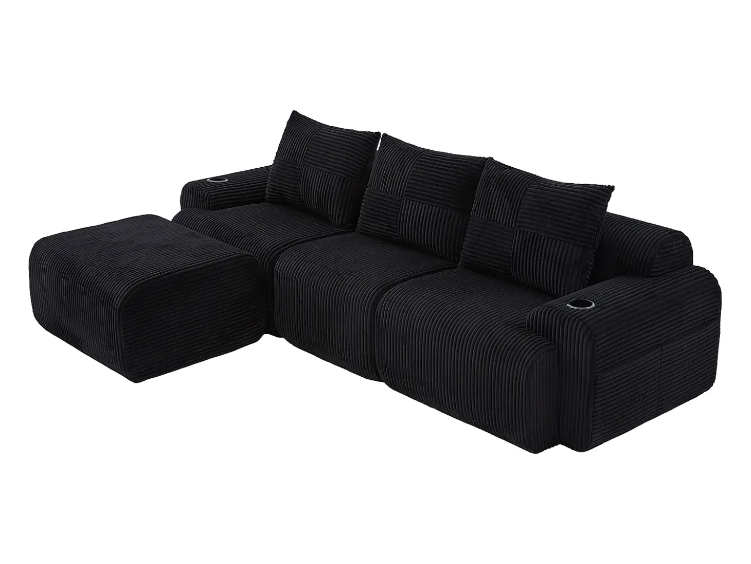 Sofá 3 lugares canto modular veludo canelado, pufe, porta-copos e bolso, 268x174x80cm, Preto