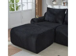 Sofá 3 lugares canto modular veludo canelado, pufe, porta-copos e bolso, 268x174x80cm, Preto