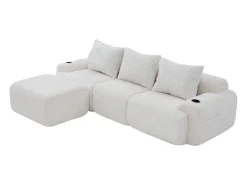 Sofá 3 lugares canto modular veludo canelado, pufe, porta-copos e bolso, 268x174x80cm, Bege