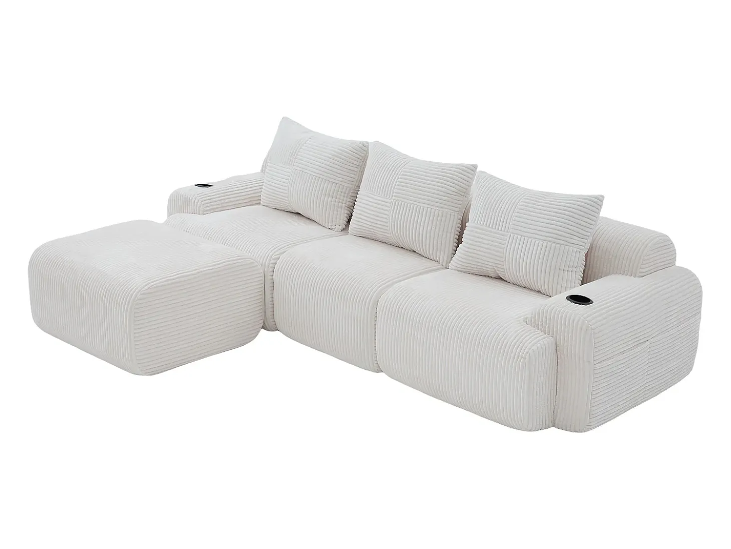 Sofá 3 lugares canto modular veludo canelado, pufe, porta-copos e bolso, 268x174x80cm, Bege