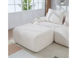 Sofá 3 lugares canto modular veludo canelado, pufe, porta-copos e bolso, 268x174x80cm, Bege
