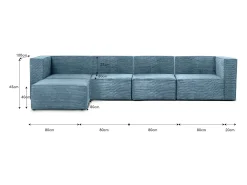 Sofá 4 lugares chaise longue estofado em veludo cotelê azul Cornish