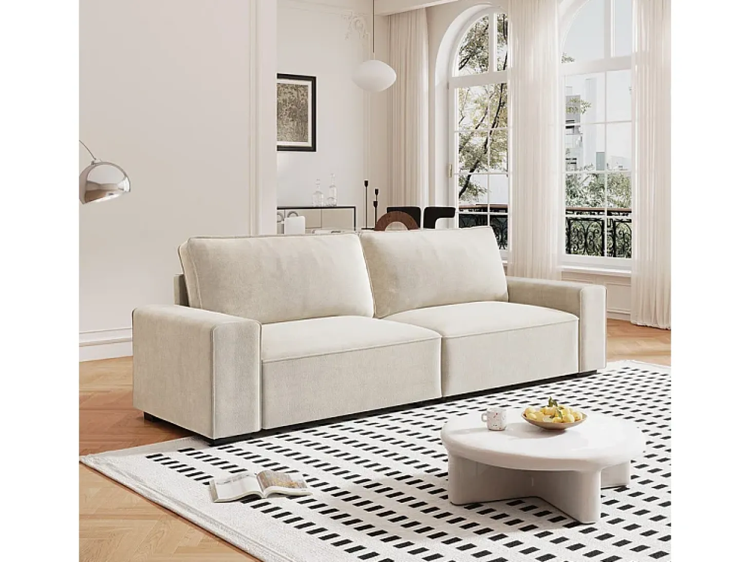 Sofá 3 lugares chenille bege - com braços largos - 220 x 83 x 88 cm