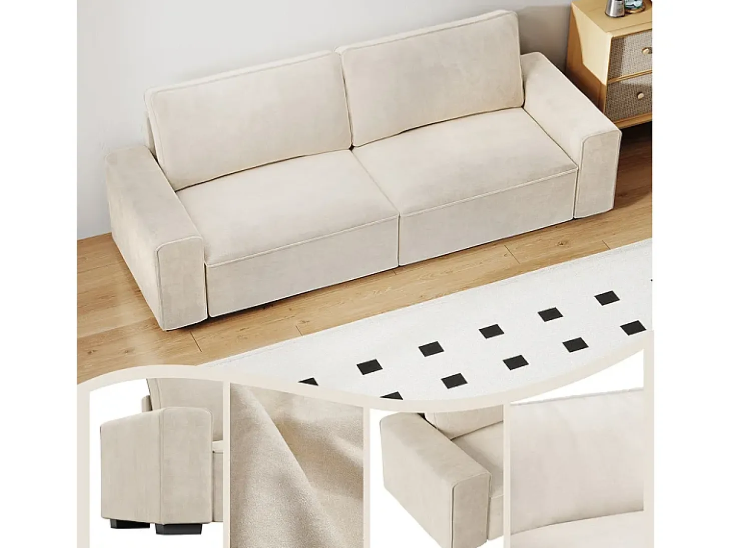 Sofá 3 lugares chenille bege - com braços largos - 220 x 83 x 88 cm