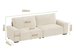 Sofá 3 lugares chenille bege - com braços largos - 220 x 83 x 88 cm