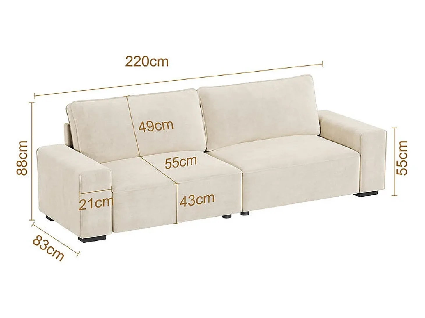 Sofá 3 lugares chenille bege - com braços largos - 220 x 83 x 88 cm