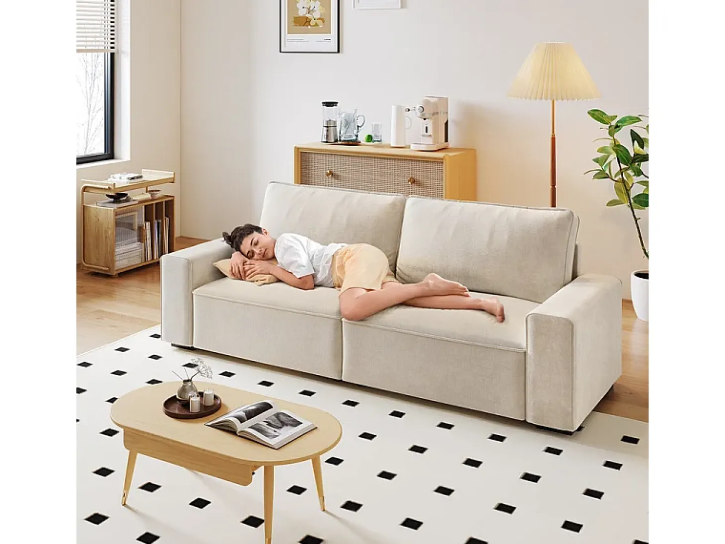 Sofá 3 lugares chenille bege - com braços largos - 220 x 83 x 88 cm