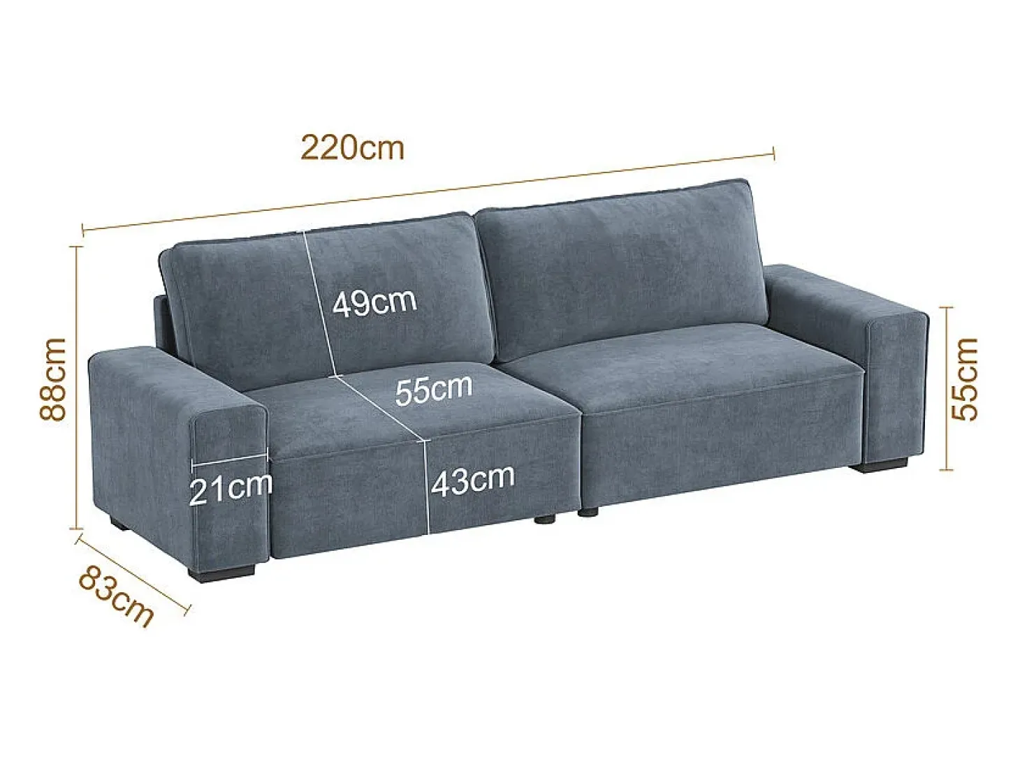 Sofá 3 lugares chenille cinza - com braços largos - 220 x 83 x 88 cm