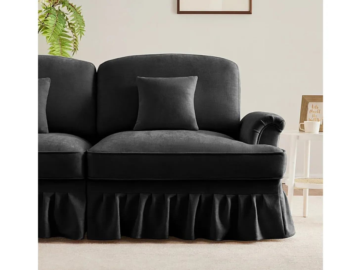 Sofá 3 Lugares Chenille Meados do Século, Capa Removível e 3 Almofadas, 272x83.5x93cm, Preto