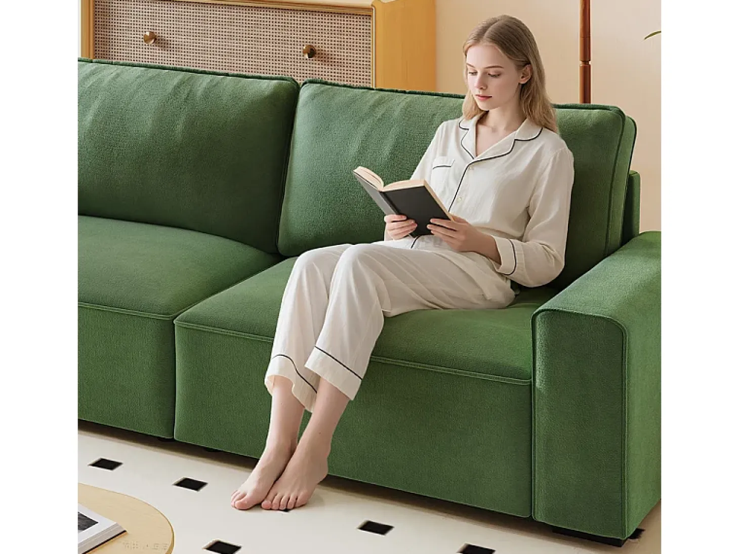 Sofá 3 lugares chenille verde - com braços largos - 220 x 83 x 88 cm