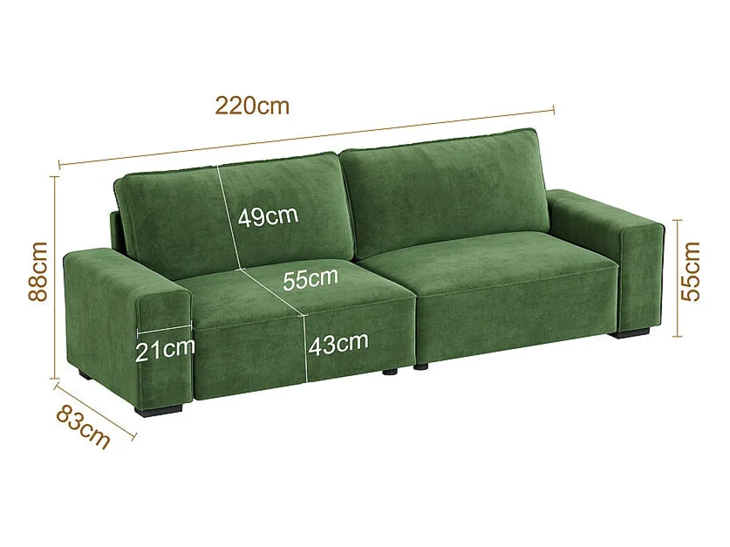 Sofá 3 lugares chenille verde - com braços largos - 220 x 83 x 88 cm