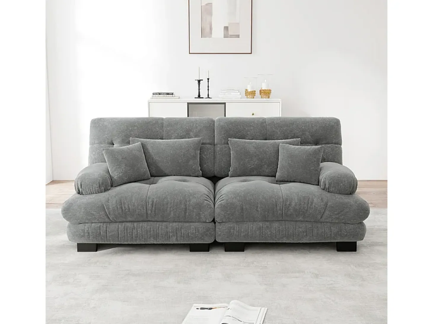 Sofá 2 lugares cinza - com 4 almofadas - estrutura madeira maciça + tecido pelúcia - 220x77x81cm