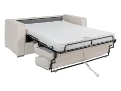 Sofá 3 lugares convert. Abert. rápida tecido chenille bege, cama 140 cm e 14 cm LORETO
