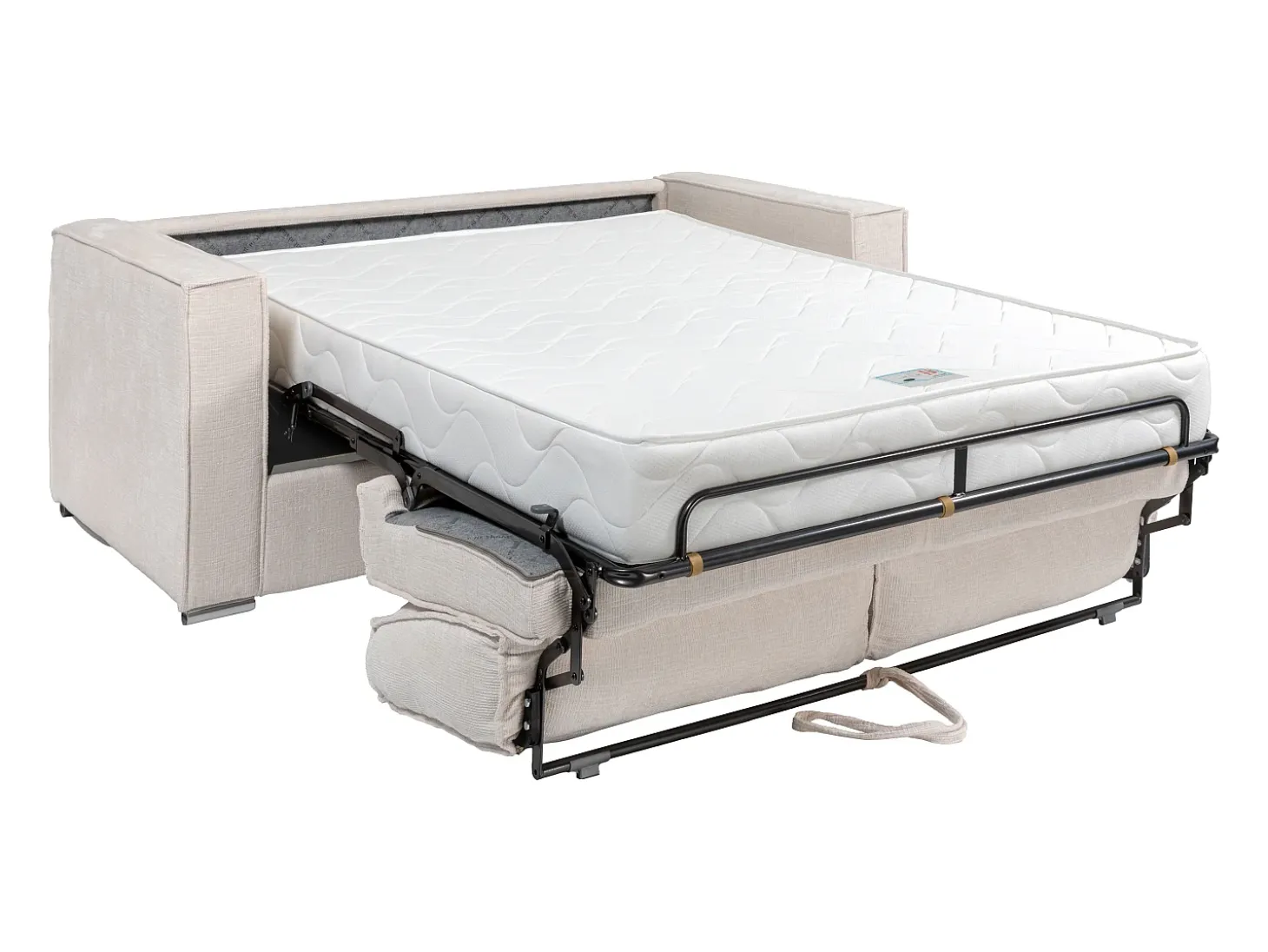 Sofá 3 lugares convert. Abert. rápida tecido chenille bege, cama 140 cm e 22 cm LORETO