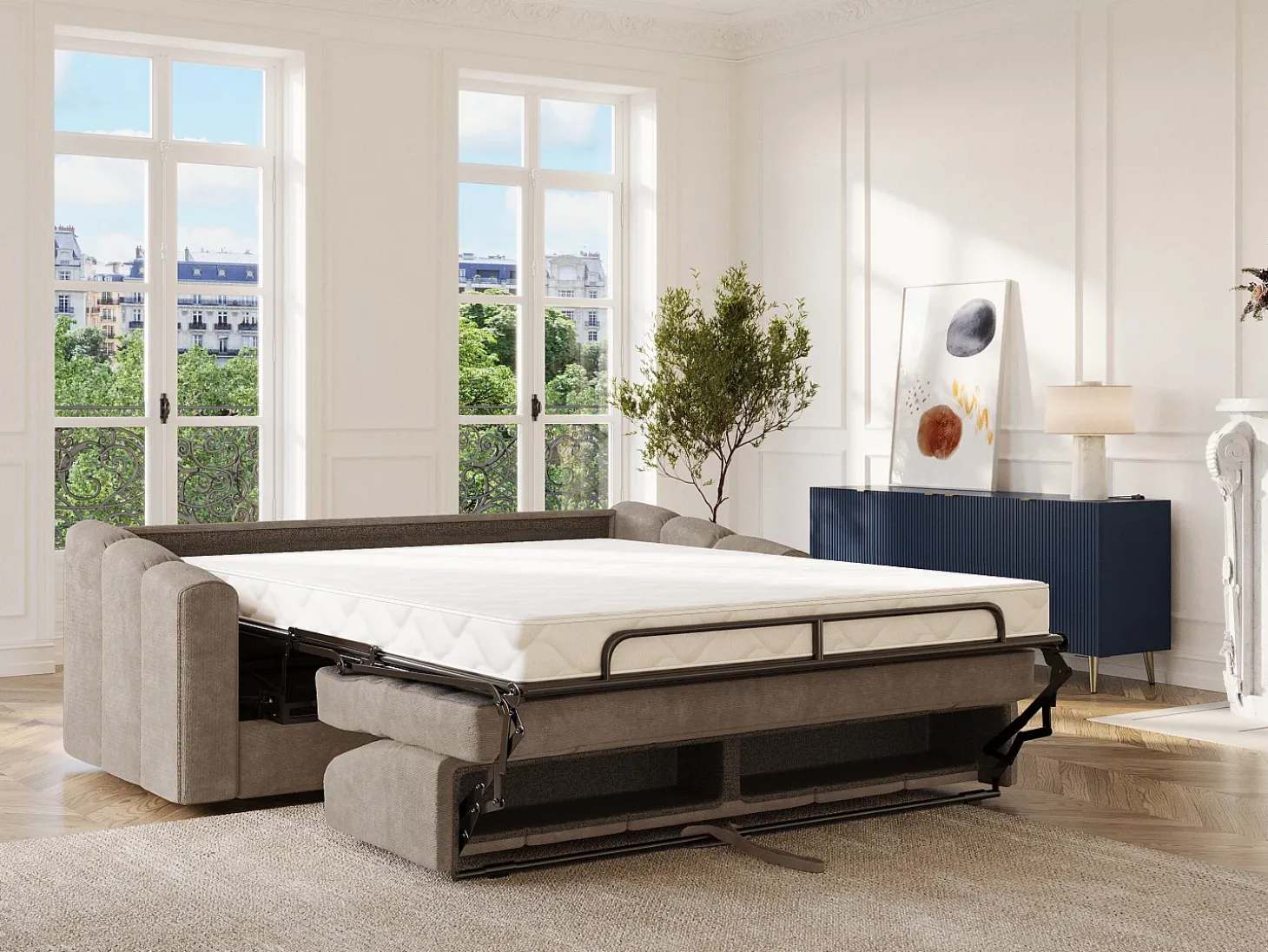 Sofá 3 lugares convertível abertura rápida em tecido texturizado taupe 140 cm Colchão 14 cm DARIELO