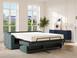 Sofá 3 lugares convertível abertura rápida tecido texturizado azul pato 140 cm Colchão 22 cm DARIELO