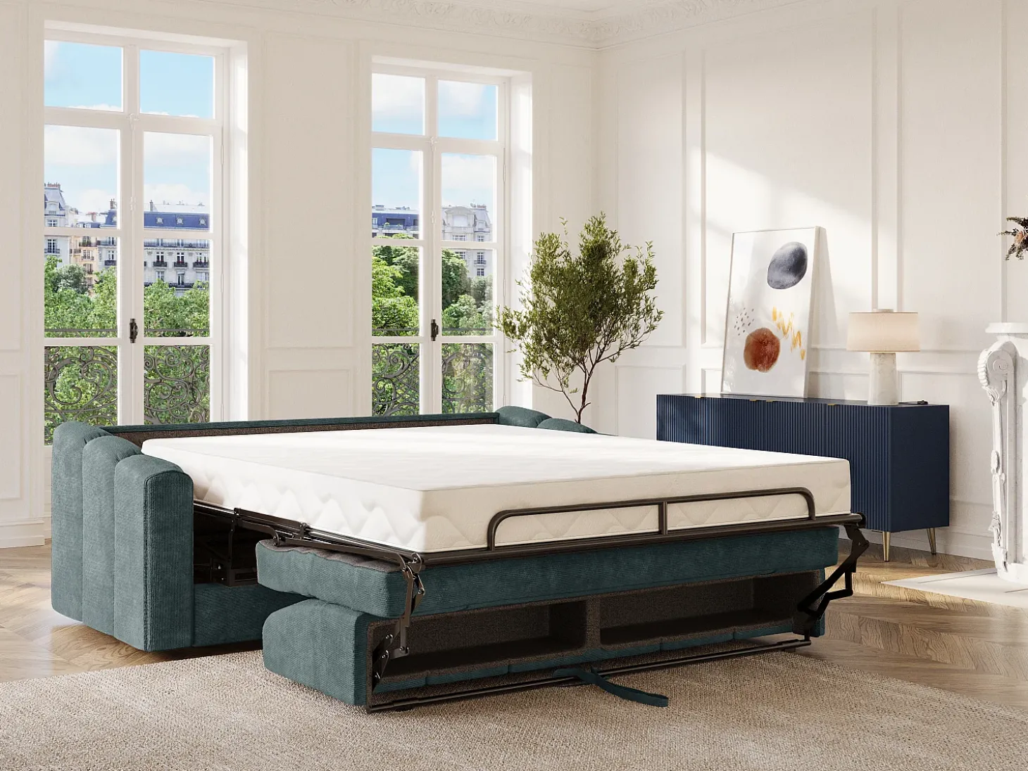 Sofá 3 lugares convertível abertura rápida tecido texturizado azul pato 140 cm Colchão 22 cm DARIELO