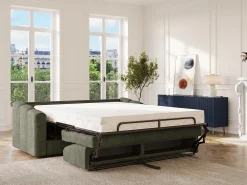 Sofá 3 lugares convertível abertura rápida tecido texturizado verde caqui 140 cm Colchão 22 cm DARIELO