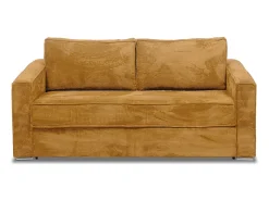 Sofá 4 lugares convertível abert. Ráp. veludo canelado amarelo mostarda ripas largas 22 cm