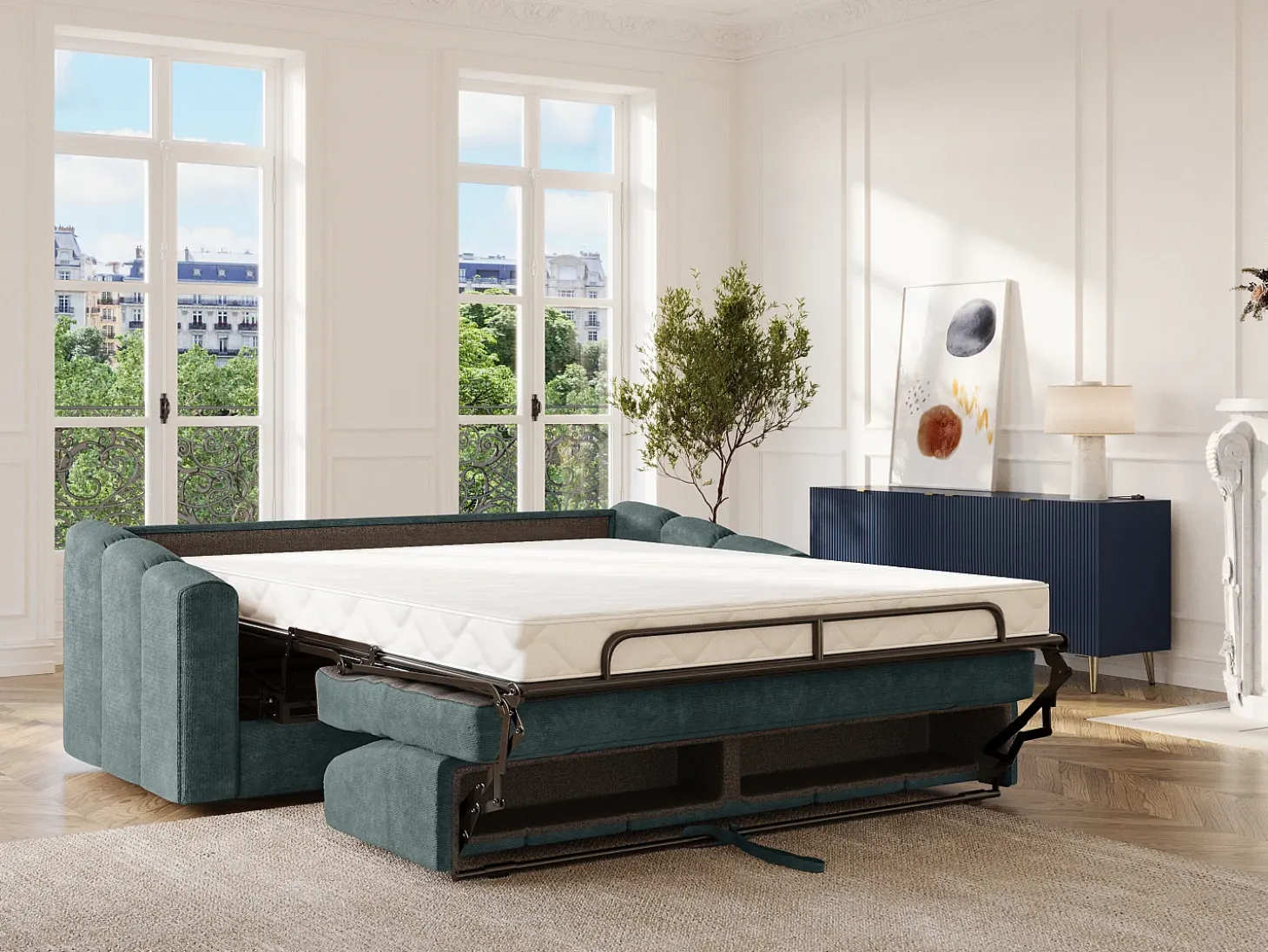Sofá 3 lugares convertível abertura rápida tecido texturizado azul pato 140 cm Colchão 14 cm DARIELO