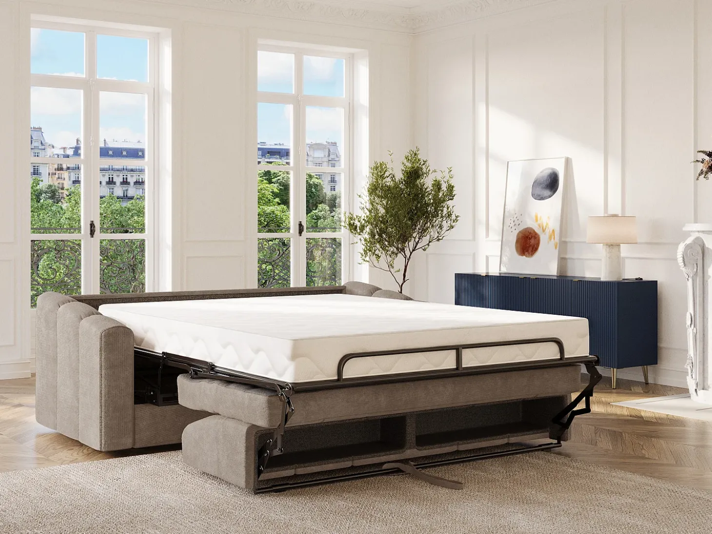 Sofá 3 lugares convertível abertura rápida em tecido texturizado taupe 140 cm Colchão 22 cm DARIELO